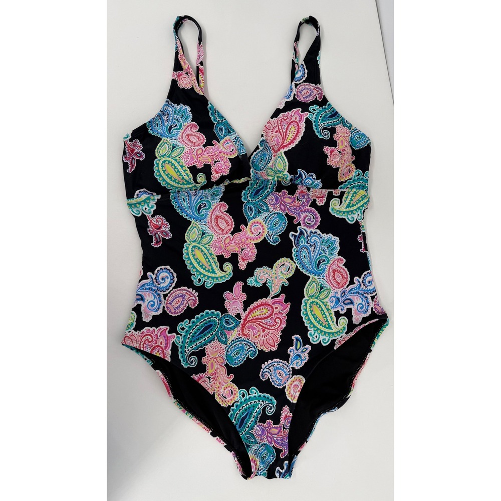Leilani Womens Paisley One Piece Swimsuit Black Multicolor V-Neck‎ Sz 14
